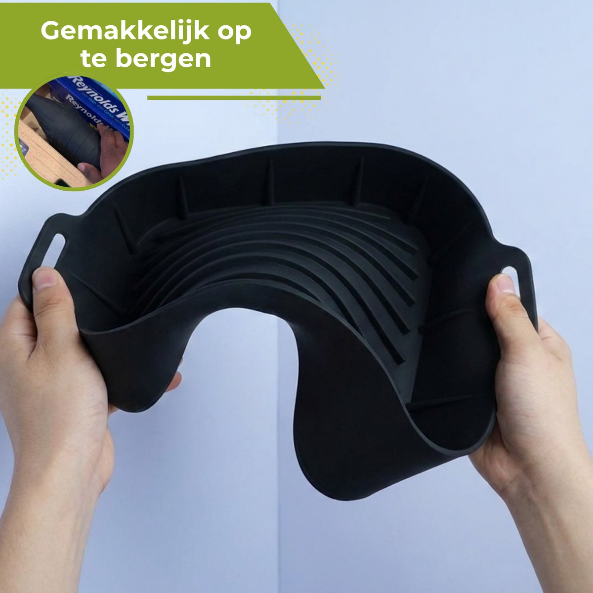 HI NATURE™ Airfryer accessoires - Airfryer siliconen bakje vierkant set inclusief Wanten voor Airfryer XXL - Siliconen ovenschaal BPA Vrij Accessoires Heteluchtfriteuse Bakvormen – Bakpapier Alternatief - Mand Bakvorm - 20 CM (Zwart) — afbeelding 4