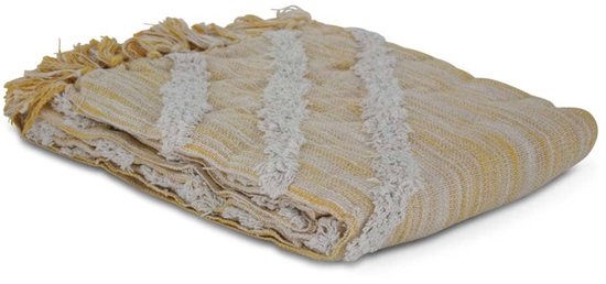 Gevouwen gele plaid met witte verticale strepen en rafels.