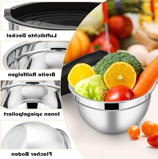 Mixkommen Set van RVS, 3 Stuks met Luchtdichte Deksel + 5 Bakaccessoires, Ideaal voor Koken, Bakken en Opslaan, Stapelbaar, 1.2L/2.7L/4.5L, Zwart, 8 Stuks van Merkloos — afbeelding 2