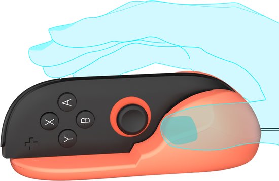 Een blauwe schets van een hand die een oranje Joy-Con grip vasthoudt met een zwarte Joy-Con controller erin.