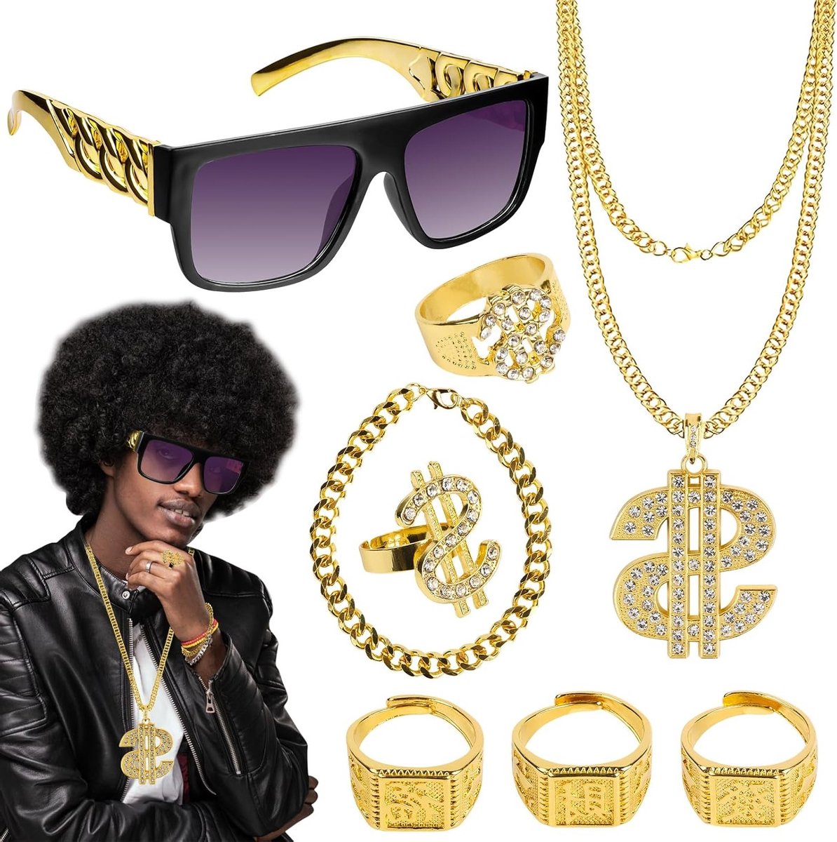8-delige kostuumset met gouden ketting, zonnebril, armband en ringen voor themafeesten, 80s en 90s hiphopstijl accessoires