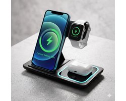 AB Goods 3-in-1 Draadloze Oplader 15W - Draadloze Oplader Geschikt voor iPhone (12 t/m 17) - Apple Watch & AirPods Compatibel Als iPhone Oplader / Oplader iPhone - Opvouwbare Wireless Charger - Mat Zwart