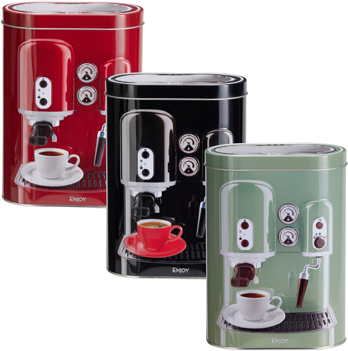 Koffie bewaarblik - metaal - retro koffiemachine - set van 3 stuks - cups/bonen/filterkoffie