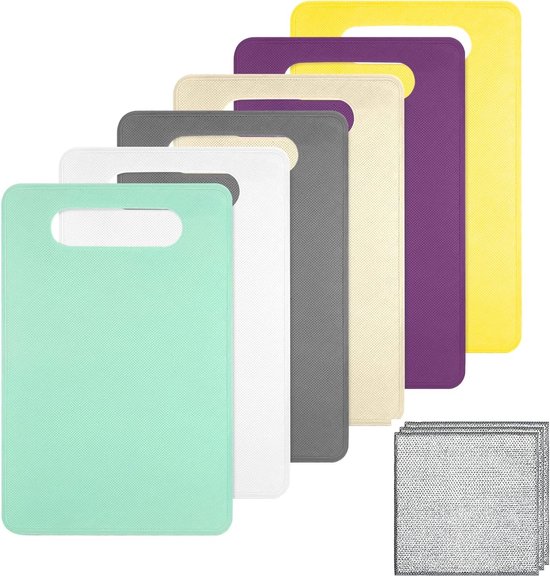Ensemble de 6 planches à découper antibactériennes en plastique, antidérapantes, sans BPA, idéales pour la cuisine et le petit-déjeuner, 29 x 19 cm, avec fil multifonctionnel et torchons de cuisine