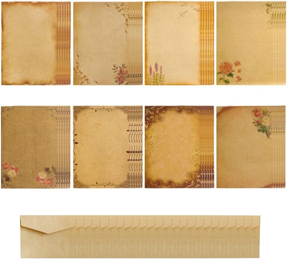 Vintage Schrijfpapier en Enveloppen Set, 48 Stuks, Kraft Papier voor Bruiloften, Uitnodigingen en Wenskaarten, 8 Stijlen, 24 Enveloppen (24 x 14.5 cm)