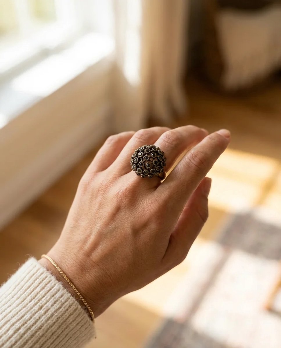 Dorvina Bronzen Sieraad Authentiek Markazit Steen Bewerkt Tomurcuk Model Verstelbaar Vintage Dames Ring