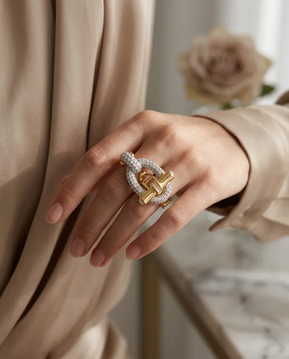 Dorvina Vintage Groot Dames Ring Verkleurt Niet Sieraad Goudkleurig Zirkonia Sunny Dubbel Parmak