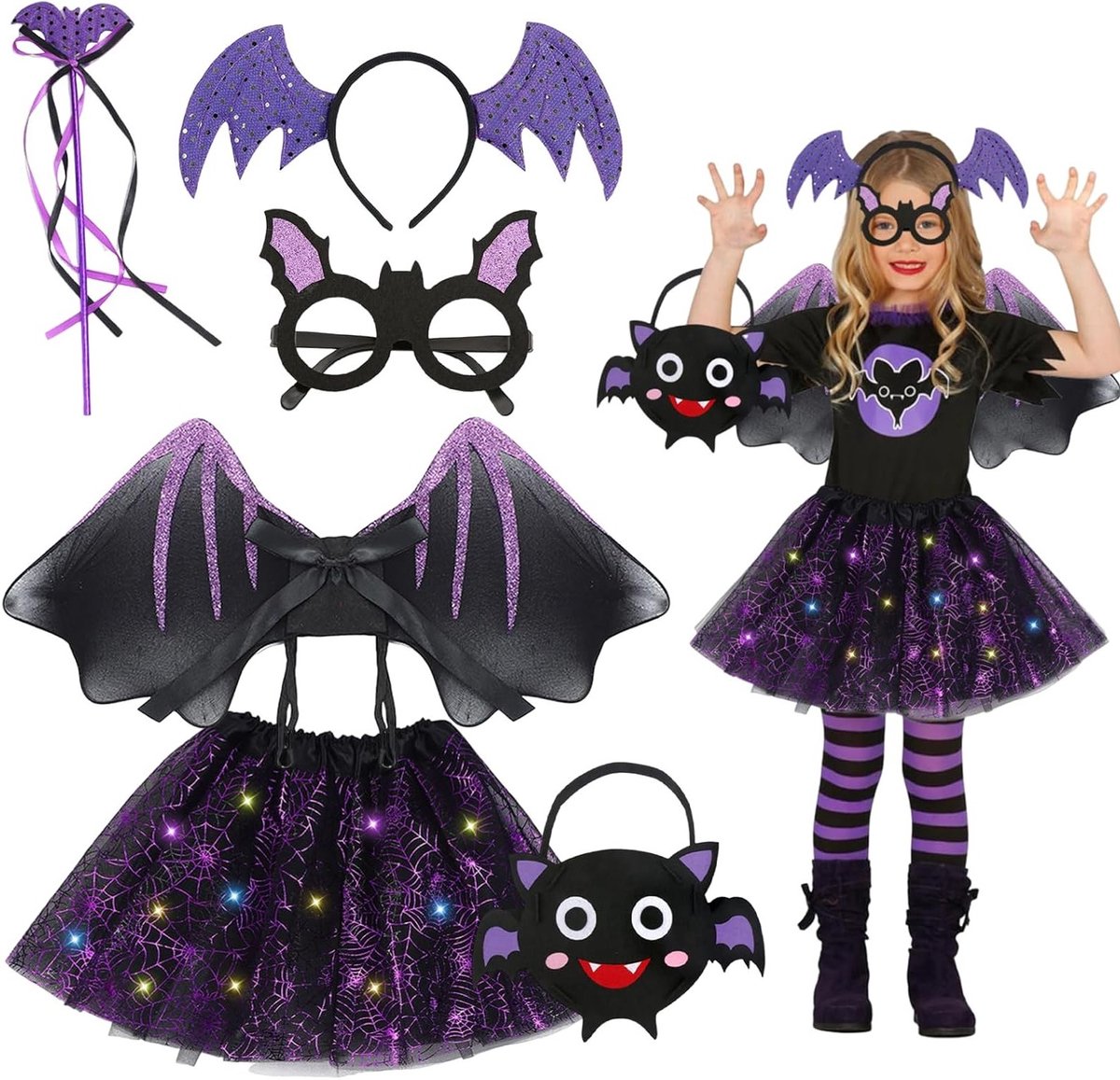 LED Halloween Vleermuis Kostuum voor Kinderen met Toverstaf, Haarband, Vleugels en Tutu Rok voor Carnaval en Halloween Feesten