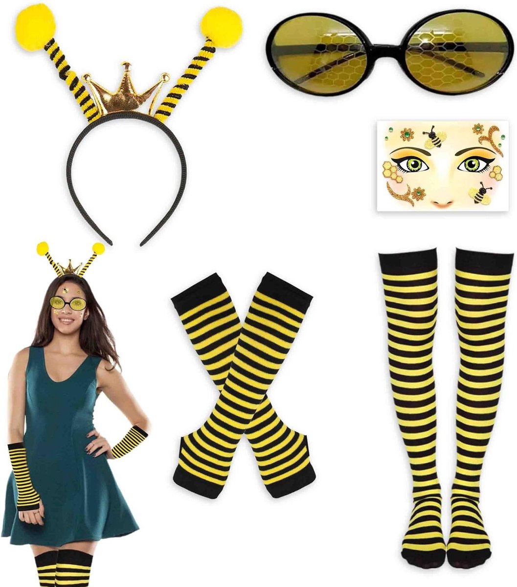 Complete Bijen Kostuum Set voor Volwassenen met Hoofdband, Bril, Handschoenen en Kousen voor Carnaval en Halloween Cosplay
