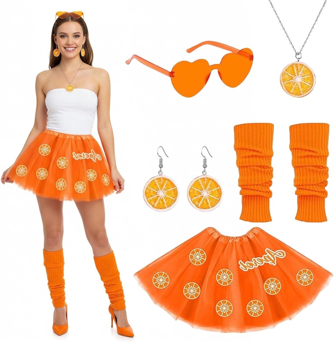 Carnaval Kostuum voor Dames met Oranje Tulle Rok, Oorbellen, Ketting, Hart Zonnebril en Armbanden