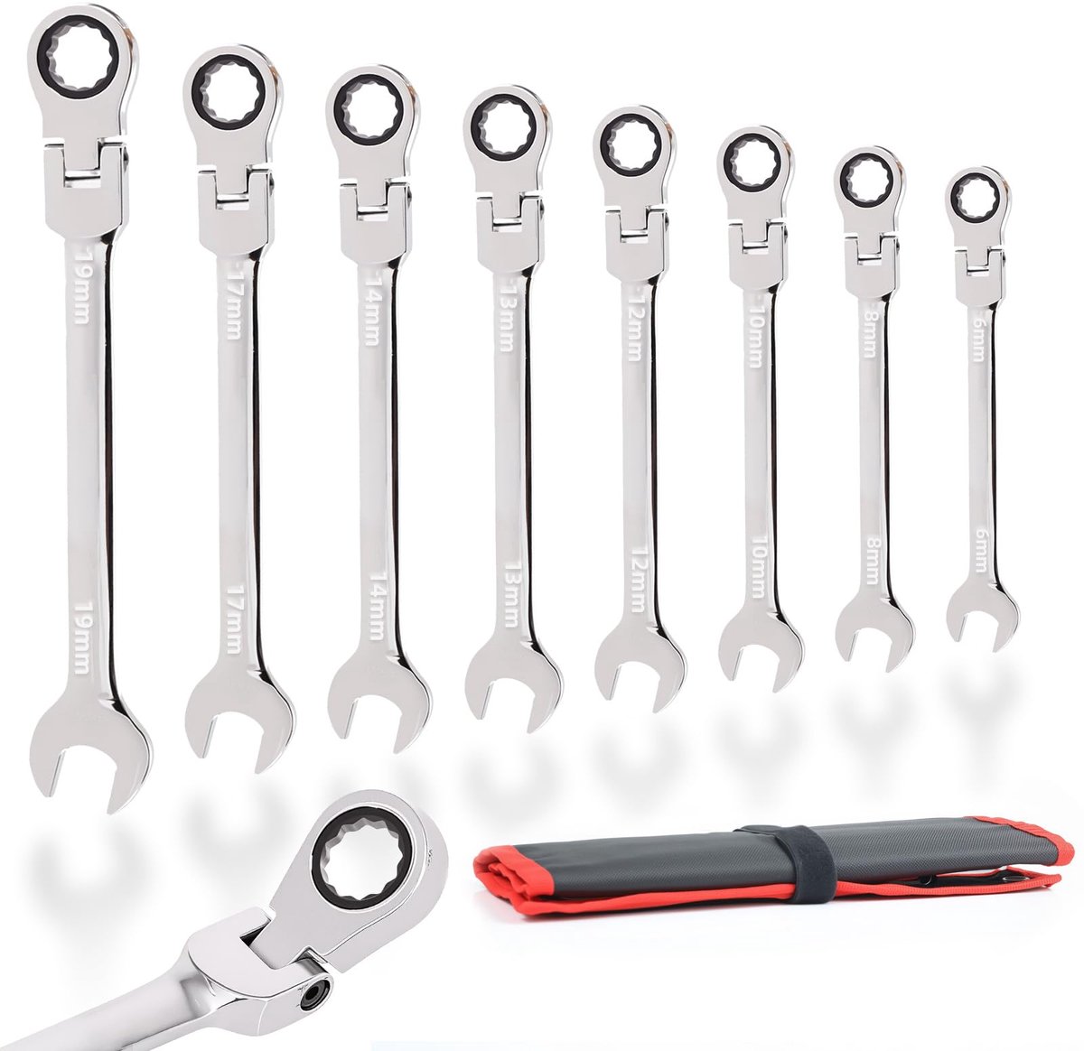 carmdering - Ratschenschlüssel Set - Werkzeug Set - 8 Teilig 6-19mm 72 Zähne - CR-V Stahl - Für Auto Fahrrad Reparatur