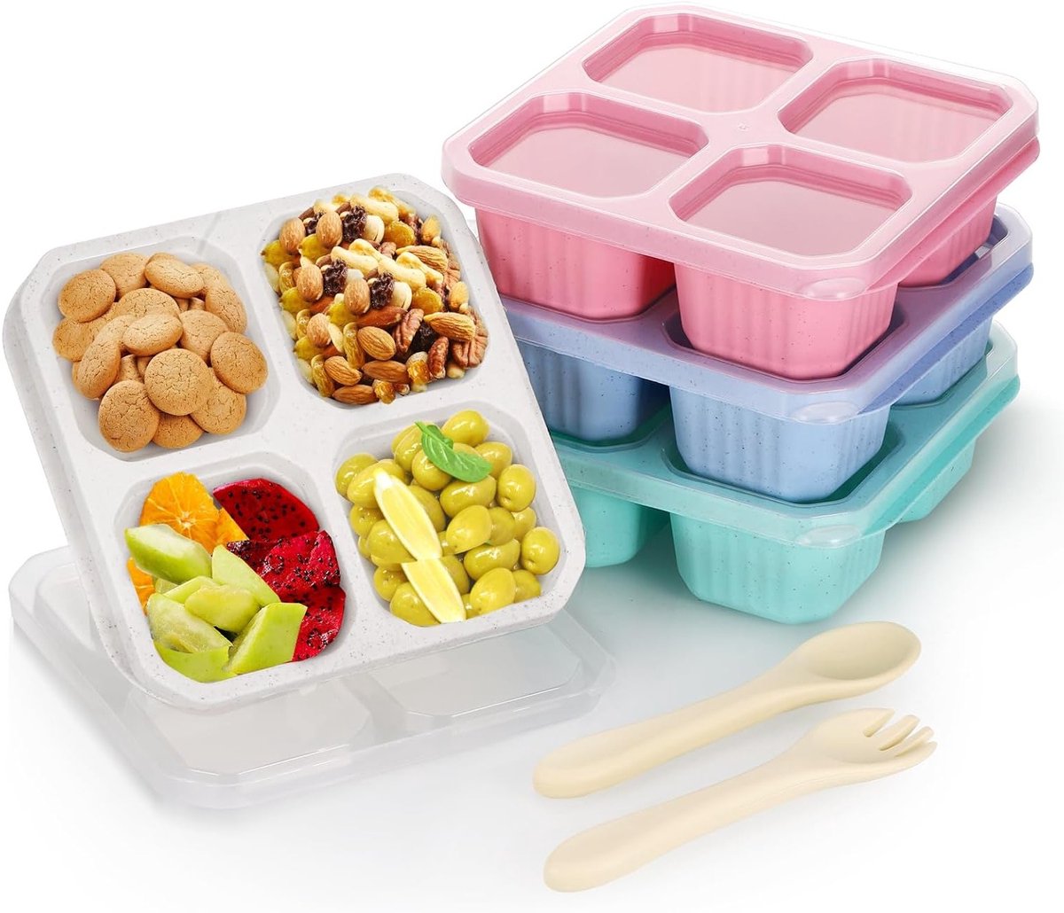 4 Snackdozen met Compartimenten voor Kinderen en Volwassenen, Herbruikbare Bento Lunchboxen voor School, Werk en Reizen, Magnetronbestendig met Lepels