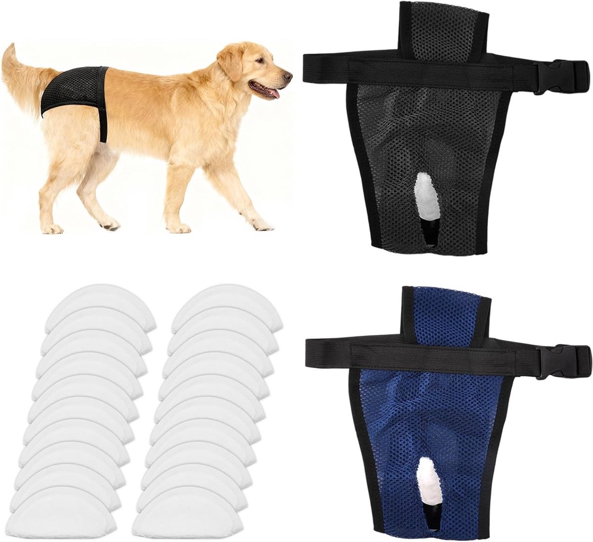 Hernieuwbare hondenluiers met 20 hygiënische pads, wasbare puppybroekjes, verstelbare en comfortabele hondenbroekjes (XL 50cm-59cm)