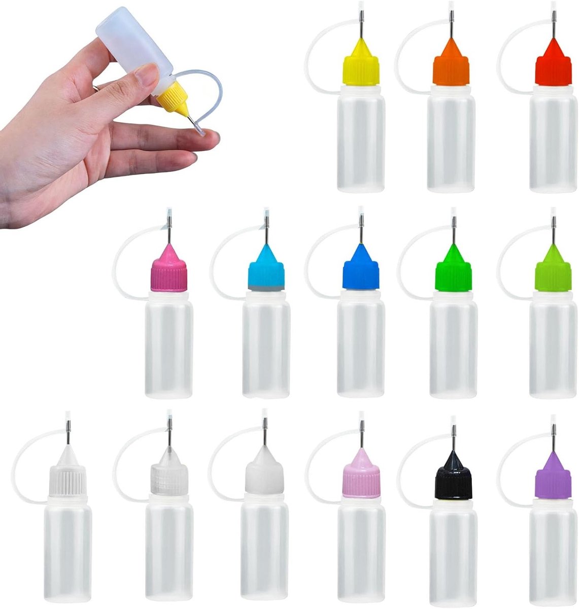 Precision Glue Applicator Set met 14 Stukken, 10ml Flesjes met Naaldpunt, Perfect voor Doseringswerk, Lijm, Olieverf en Onderhoud