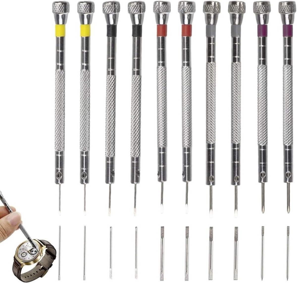 Precisie Schroevendraaiers Set voor Horloge Reparatie - 10 Stuks, 0.8-1.6 mm, Voor Horloges, Brillen en Kettingen, Inclusief Reparatie Kit