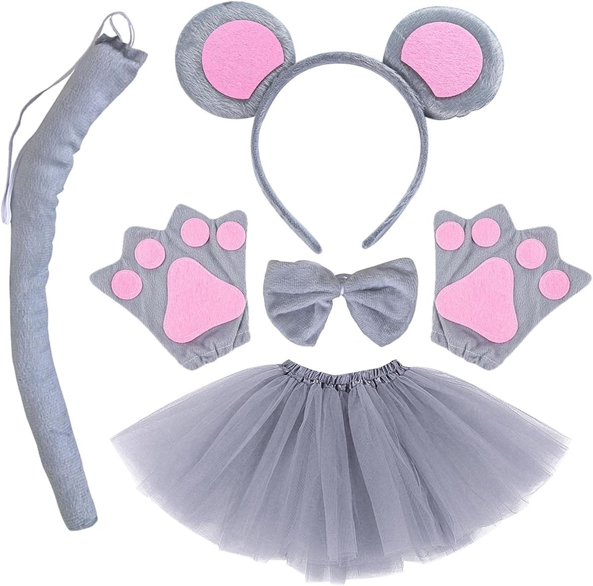 5-delig Dieren Muizen Kostuum Set voor Kinderen, Oren Hoofdband, Strik, Handschoenen en Tutu Rok voor Verjaardags- en Kerstfeest Decoratie