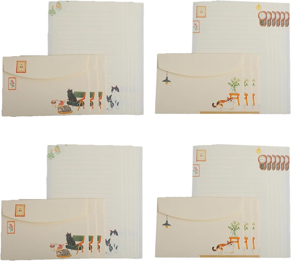 Set van 24 stuks schrijfpapier en enveloppen, katten thema, genoteerde briefpapier en uitnodigingskaarten voor creatieve schrijvers.