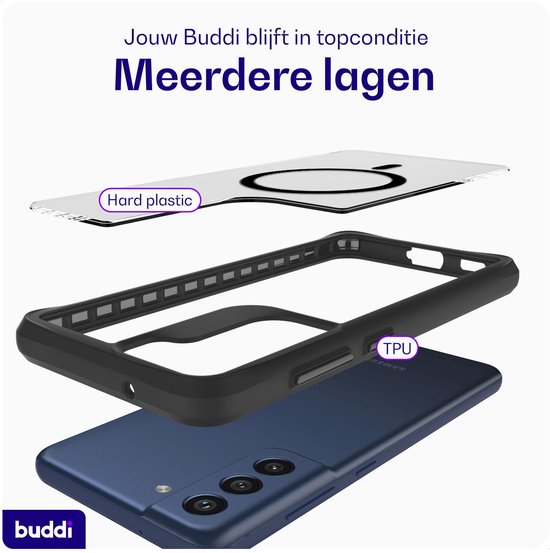 Explosiebeeld van telefoonhoesje: hard plastic, TPU en donkerblauwe Samsung S21 FE telefoon.