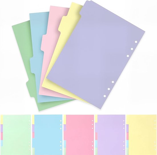 A5-indexkaarten in pastelkleuren (groen, lichtblauw, roze, paars, geel) met 6 gaten, bovenaanzicht.