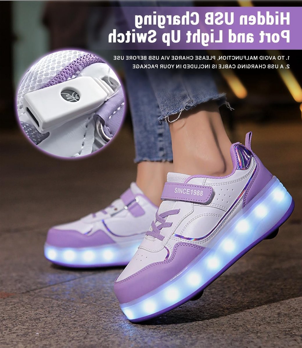 Lichtgevende kinderrolschaatsen met 4 wielen unisex buitensneakers met oplaadbare LED-verlichting voor meisjes en jongens Paars