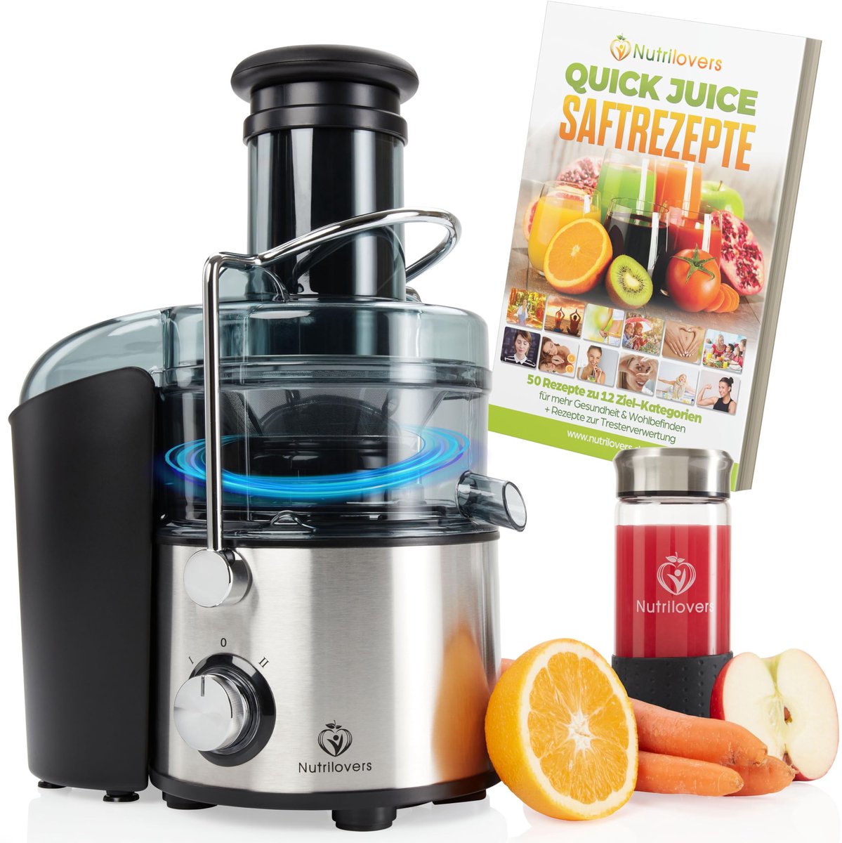 Nutrilovers QUICK-JUICER MAX sapcentrifuge groenten en fruit, XXL inworp, roestvrijstalen zeef, externe afvalbak, 800 W, incl. BPA-vrij incl. drinkfles + receptenboek
