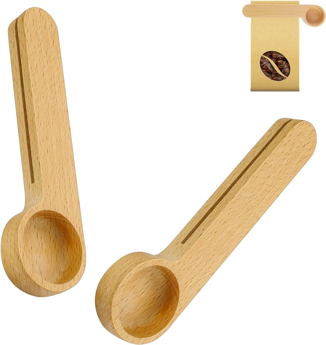 2-in-1 Beukenhouten Maatlepel Set (2 Stuks) - Doseringslepel 8 g met Clip voor Koffie, Melkpoeder en Kruiden