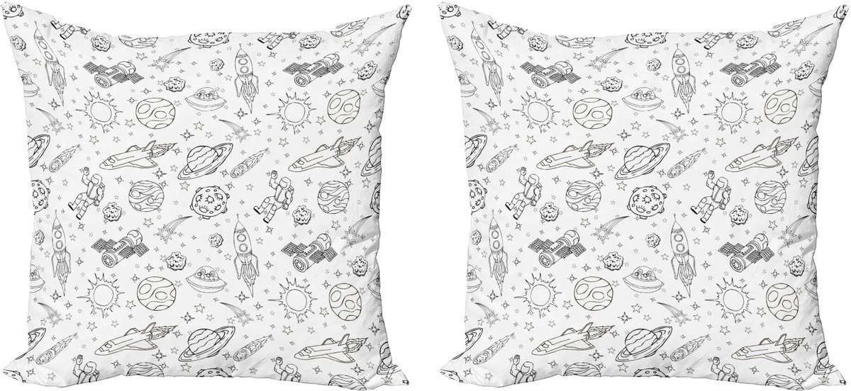 ABAKUHAUS Decoratieve kussenhoezen voor de kleuterschool, 2 stuks, Doodle Zonnestelsel Ruimte, 40x40 cm, Wit/Zwart