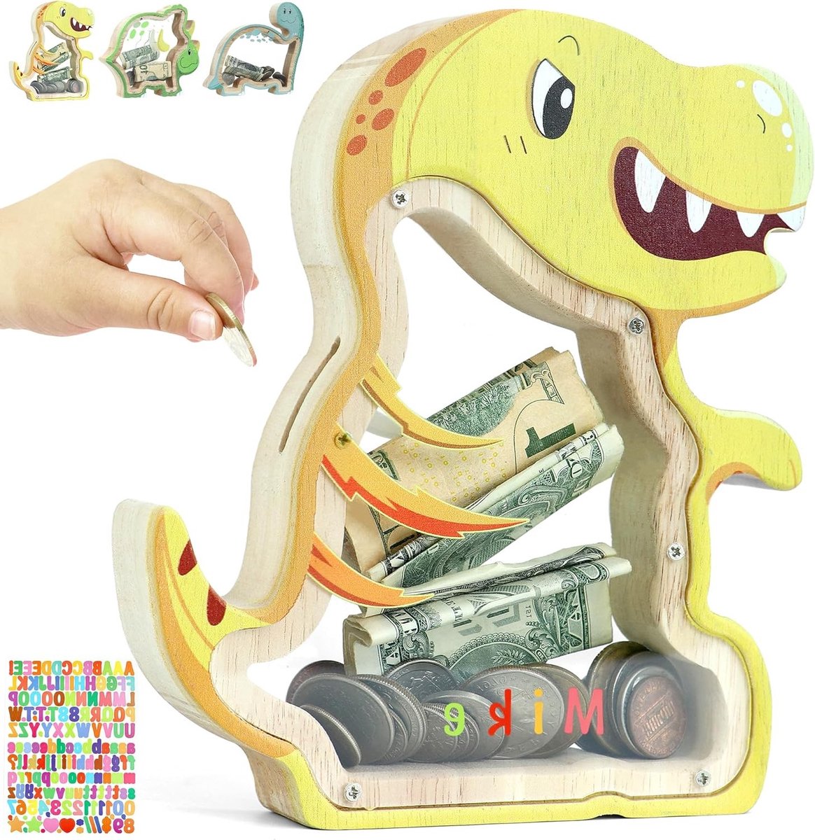 Houten Dino Spaarpot voor Kinderen - Persoonlijke Spaarpot, Leuk Cadeau voor Jongens, Verjaardagscadeau met Stickers en Transparante Ontwerp