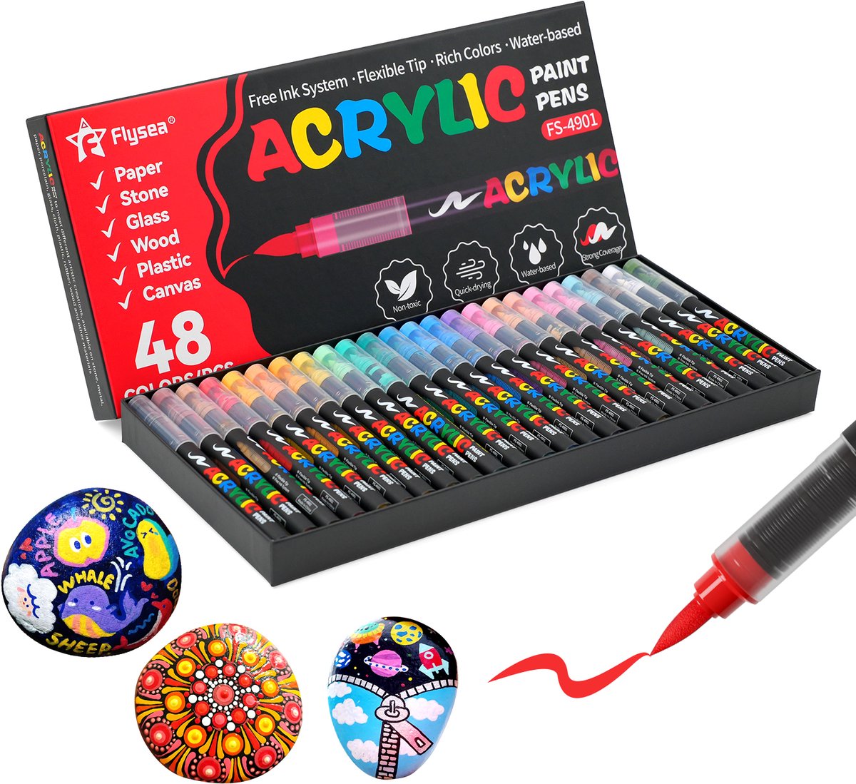 PromoHome 48-delig acryl penseelstiften set - Waterbestendige Acrylverfmarkers met flexibele punt voor Steen, Glas, Keramiek, Canvas, Papier, Hout, Metaal en Stof, Doe-Het-Zelf Cadeau