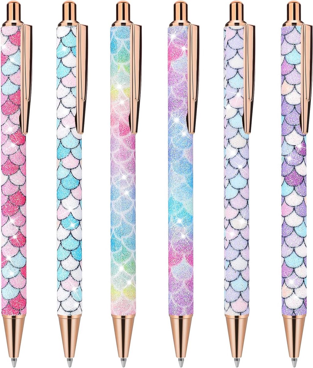 Glitterpennen Set van 6 - Metalen Intrekbare Balpennen met Zwarte Inkt - School, Kantoor, Creatieve Projecten