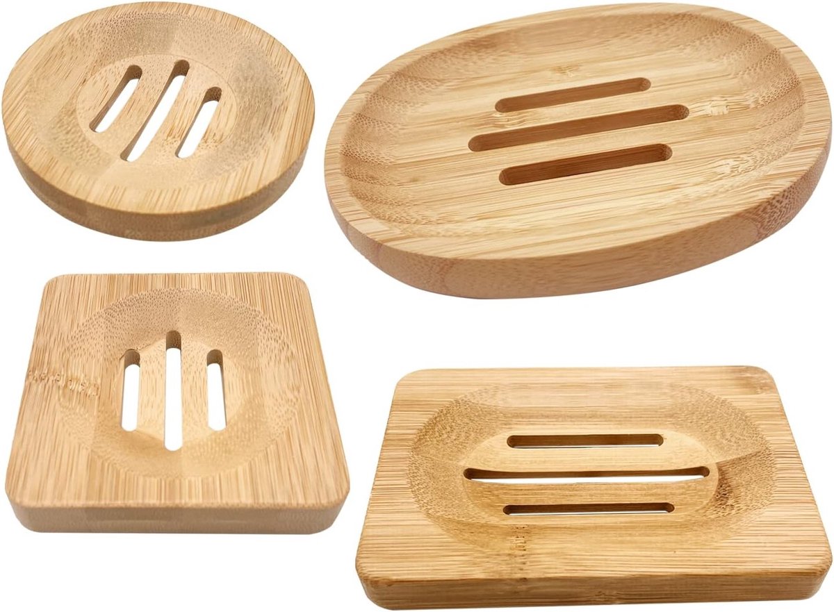 Natuurlijke Houten Zeepdisplays - Set van 4, Ideaal voor Badkamer, Keuken en Organisatie van Sponsen, Vierkant/Rond/Ovaal/Rechthoekig