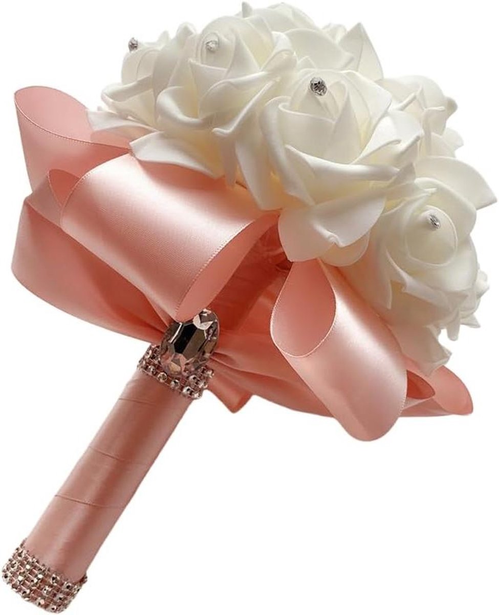 Bruidsboeket Rozen - Kunstbloemen Boeket - Bruiloft Decoratie - Met Strass - 18x24 cm - Wit