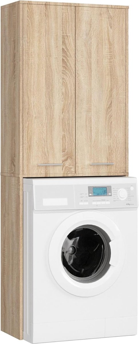 Wasmachinekast - Opbergkast Badkamer - Ruimte Organiseren - Met Opbergvak - H180 x B64 cm - Sonoma Eiken
