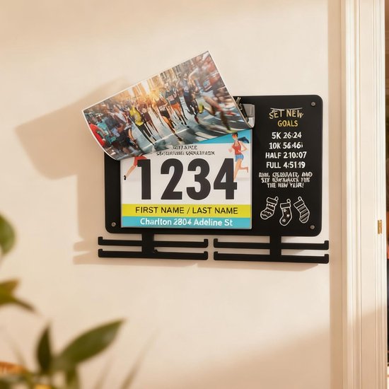 Race Bib Houder - Hardloop Display - Herinneringen Tonen - Inclusief Krijtbord - 1165 Gram Gewicht - Zwart — afbeelding 3