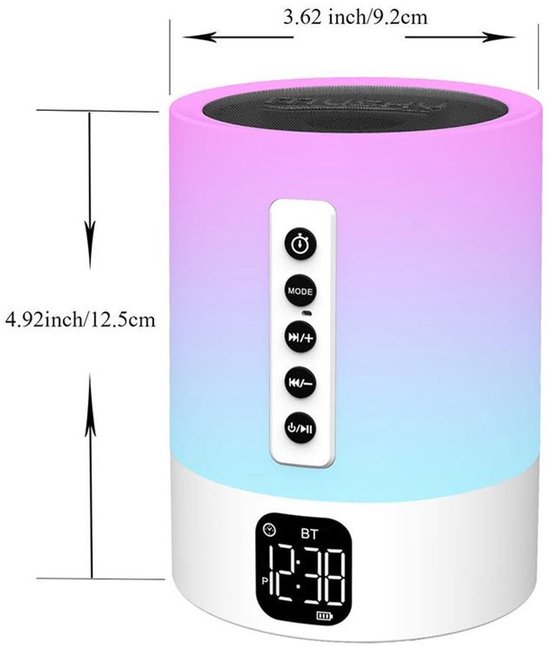 Bluetooth-luidspreker met licht, witte ruisgenerator en lichtwekker; aanraakgevoelige, dimbare nachtlamp met wekkerfunctie; een cadeau voor meisjes, jongens en kinderen. — afbeelding 3