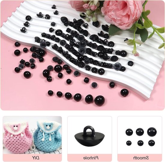 128 Stuks Veiligheidsogen en Haken 8 mm tot 15 mm Zwart Robuuste Dome Plastic Knopen voor Poppenmaken en DIY Creaties — afbeelding 3