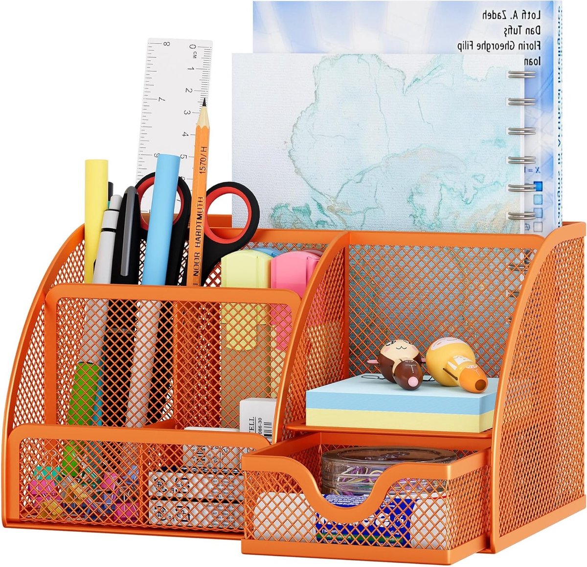 Kantoor Mesh Bureau Organizer voor Kantoorbenodigdheden, Pennenhouder met Lade, Oranje