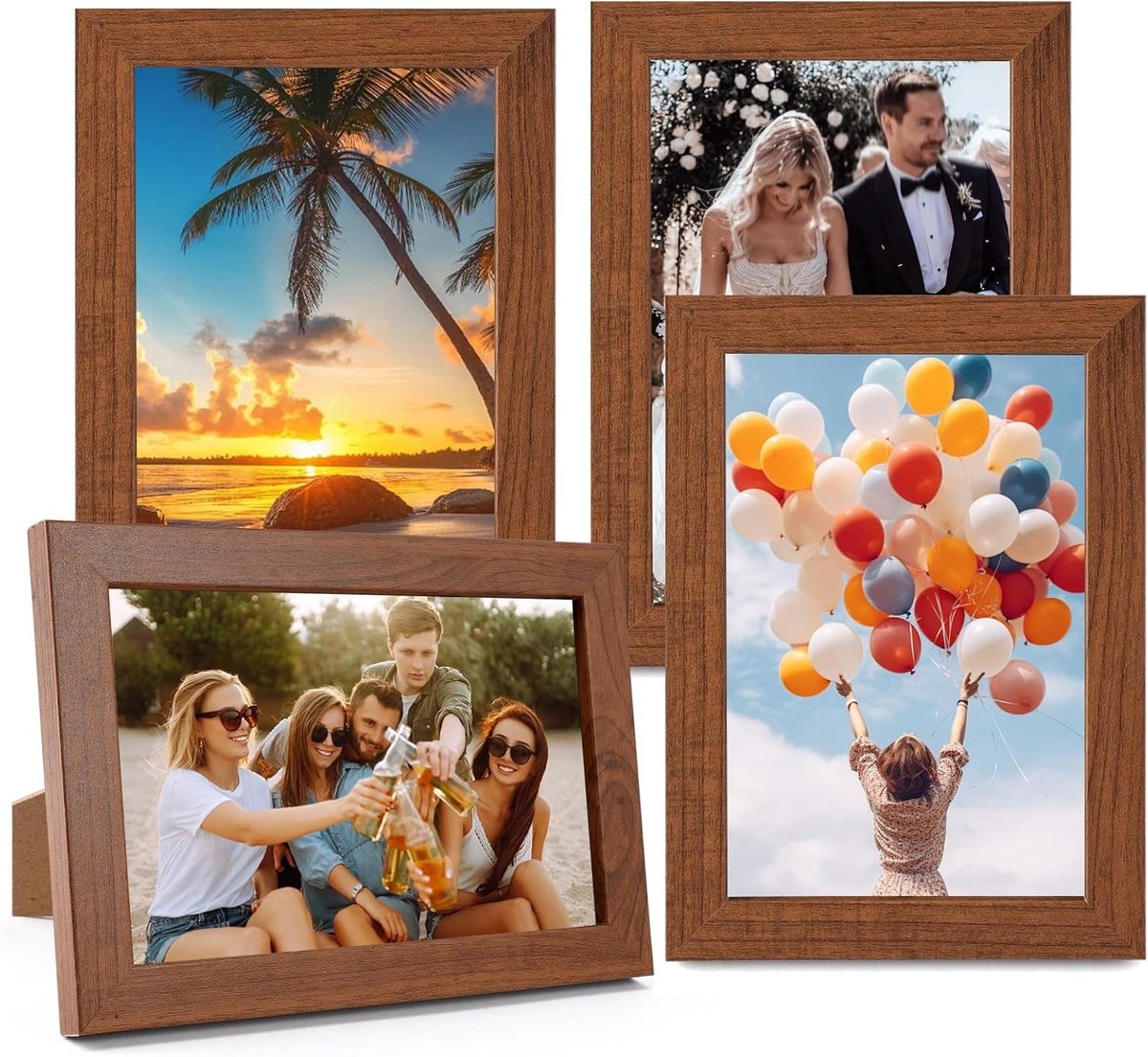 4-delige Houten Fotolijst Set 10x15 cm - Bruin - Inclusief Ophangsysteem voor Muur en Tafel