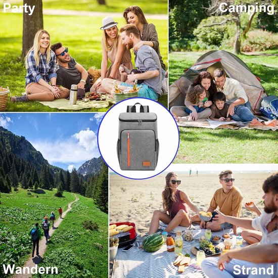 Kleine geïsoleerde rugzak - 20 L inhoud - Houdt de inhoud tot 12 uur lang warm of koud - Waterdichte rugzak met koelvak - Ideaal voor picknicks, kantoor, school, bouwplaatsen, kamperen en meer - Grijs — afbeelding 3