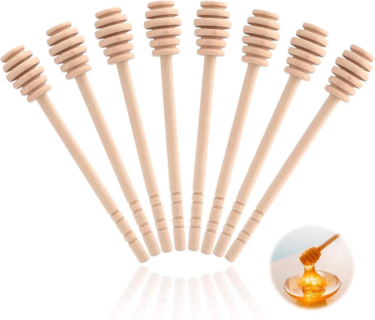 Set van 8 houten honinglepels, 16 cm/6 inch, duurzame houten lepels om honing in te scheppen, te roeren en te schenken, geschikt voor het scheppen, roeren en schenken van jam.
