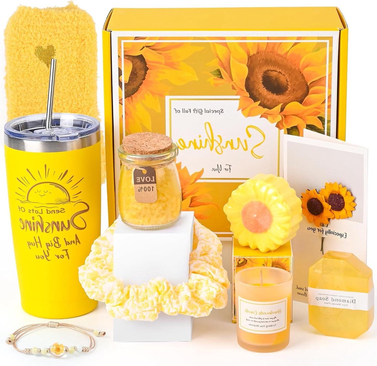 Cadeauset Vrouwen - Verwenpakket Relax - Ontspanning Thuis - Thema Zonnebloem - 15 x 8 cm - Geel
