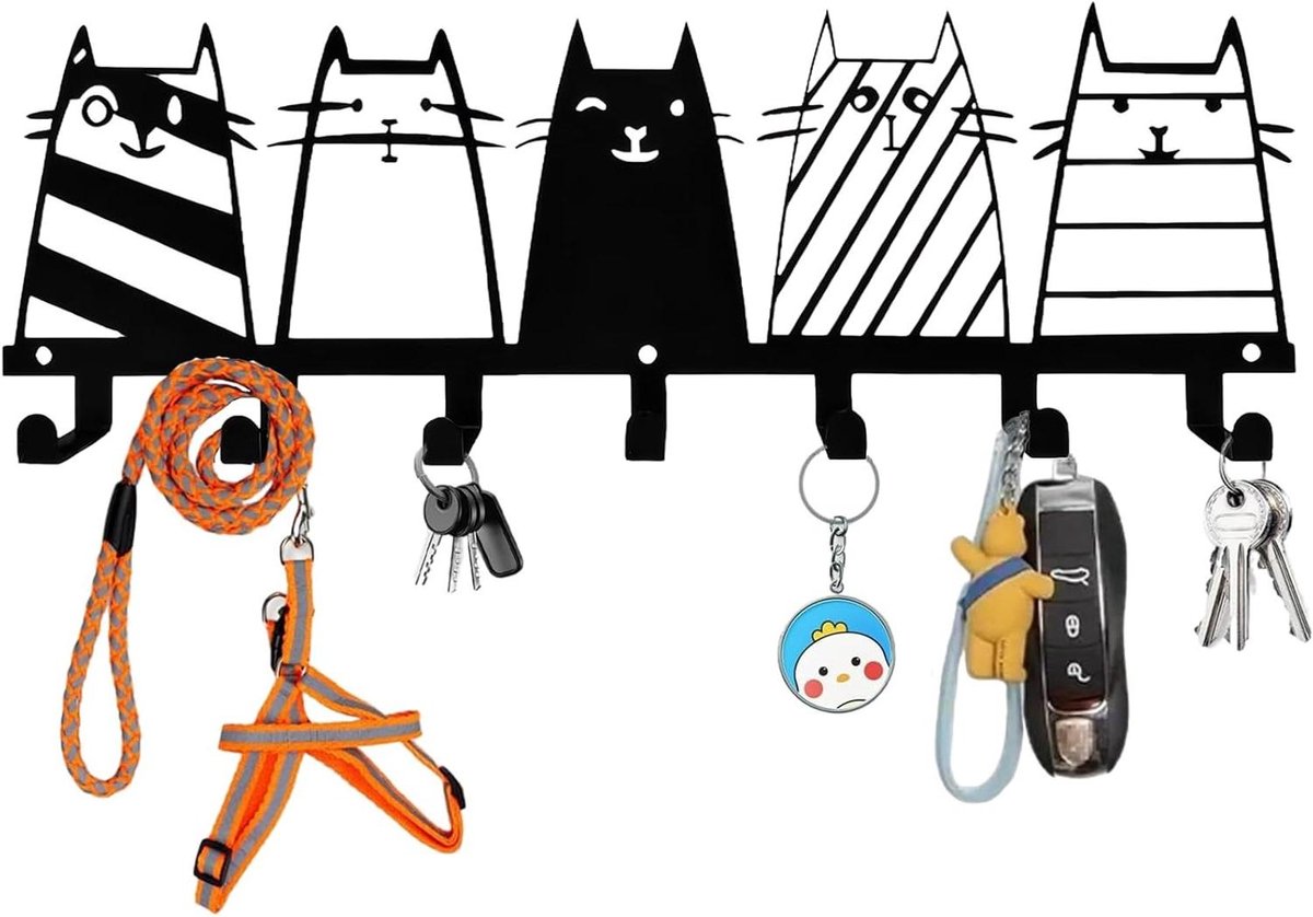 Sleutelrek Metaal - Wandhaak Organizer - Spullen Ophangen - Kat Design - 7 Haken - Zwart