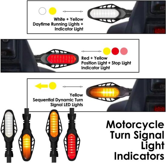 Motorfiets Richtingaanwijzers - LED Knipperlichten - Motor Verkeersveiligheid - Sequentieel Dynamisch Licht - Universeel 12V - Geel Rood — afbeelding 4
