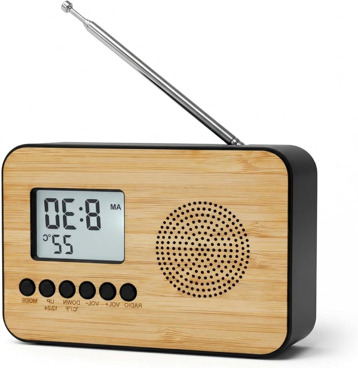 Digitale wekker - Radio wekker - Natuurlijk wakker worden - Houten front design - 12.5 x 4.5 x 8.5 cm