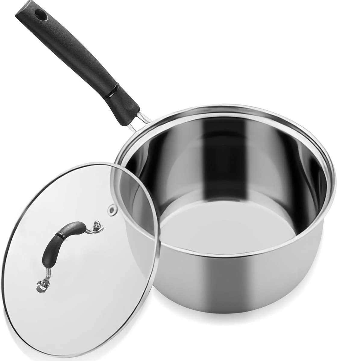 Kookpan 16 cm voor alle warmtebronnen: 3-laags roestvrijstalen melkpan met glazen deksel, 1.9 l inductiepan, gezond en vaatwasserbestendig, ideaal voor koken en stomen