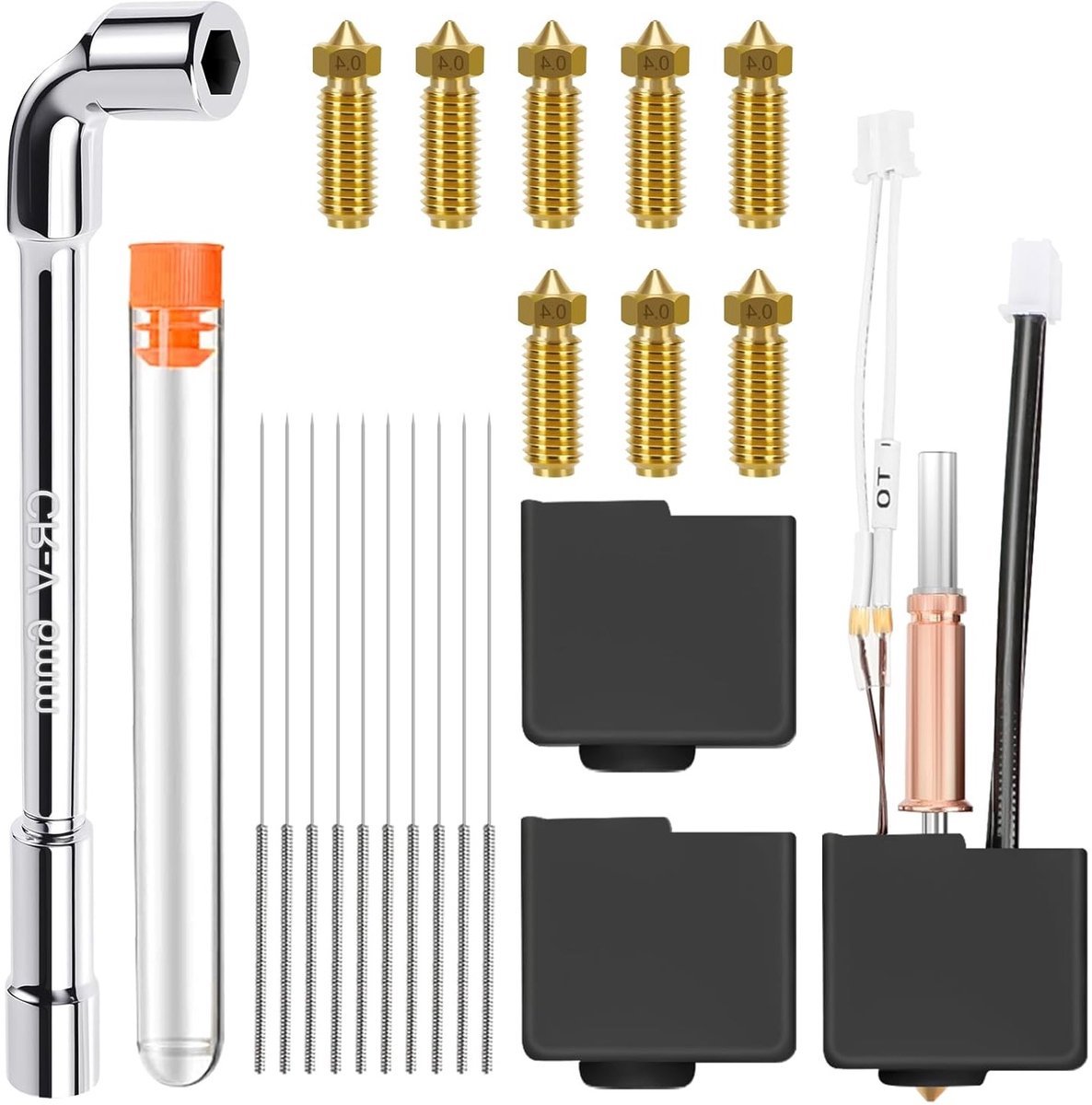 Hot End Kit voor 3D Printers met 8 x 0.4 mm Messing Nozzles, Reinigingsnaalden en Silicone Beschermhoezen voor Verbeterde Printkwaliteit