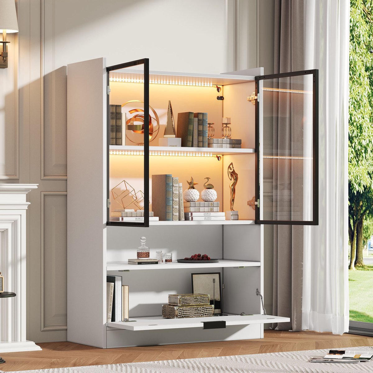 Clruro Vitrinekast - 120 cm - LED Verlichting met Glazen Deuren en Klepdeur - Spaanplaat - Wit