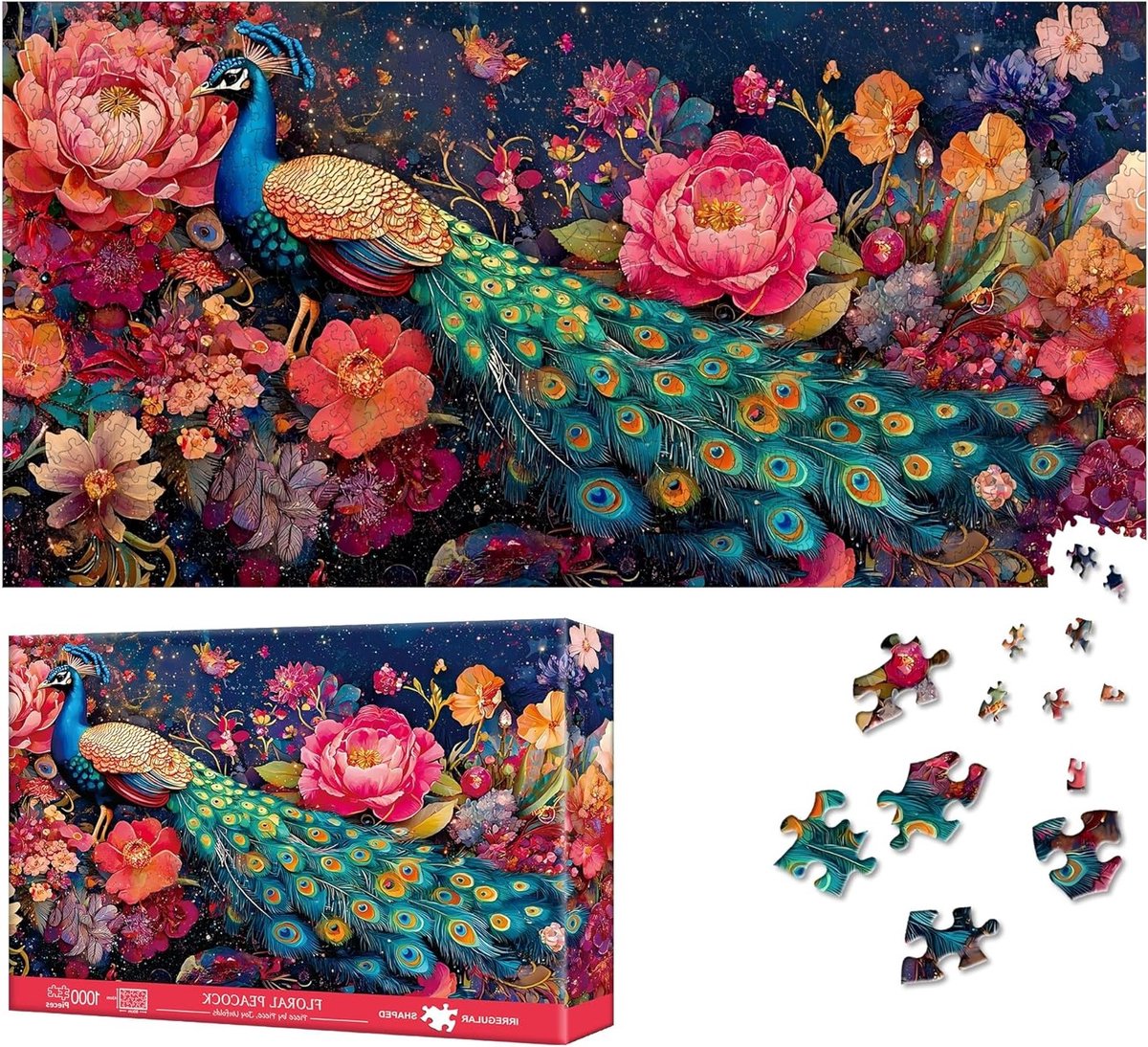 Puzzelen voor Volwassenen: 1000 Stukjes Vrolijke Pauwen Puzzel met Bloemenmotief - Uitdagend Gezinsvermaak, Perfecte Cadeau-idee, 80 x 41 cm