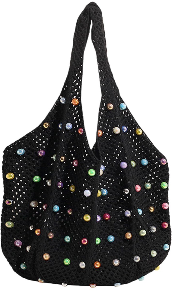 BRENZOOS- Strandtas Boho Stijl - Vezel Handtas - Opvouwbaar - Waterdicht - Met Kleurige Kralen - Lichtgewicht Materiaal