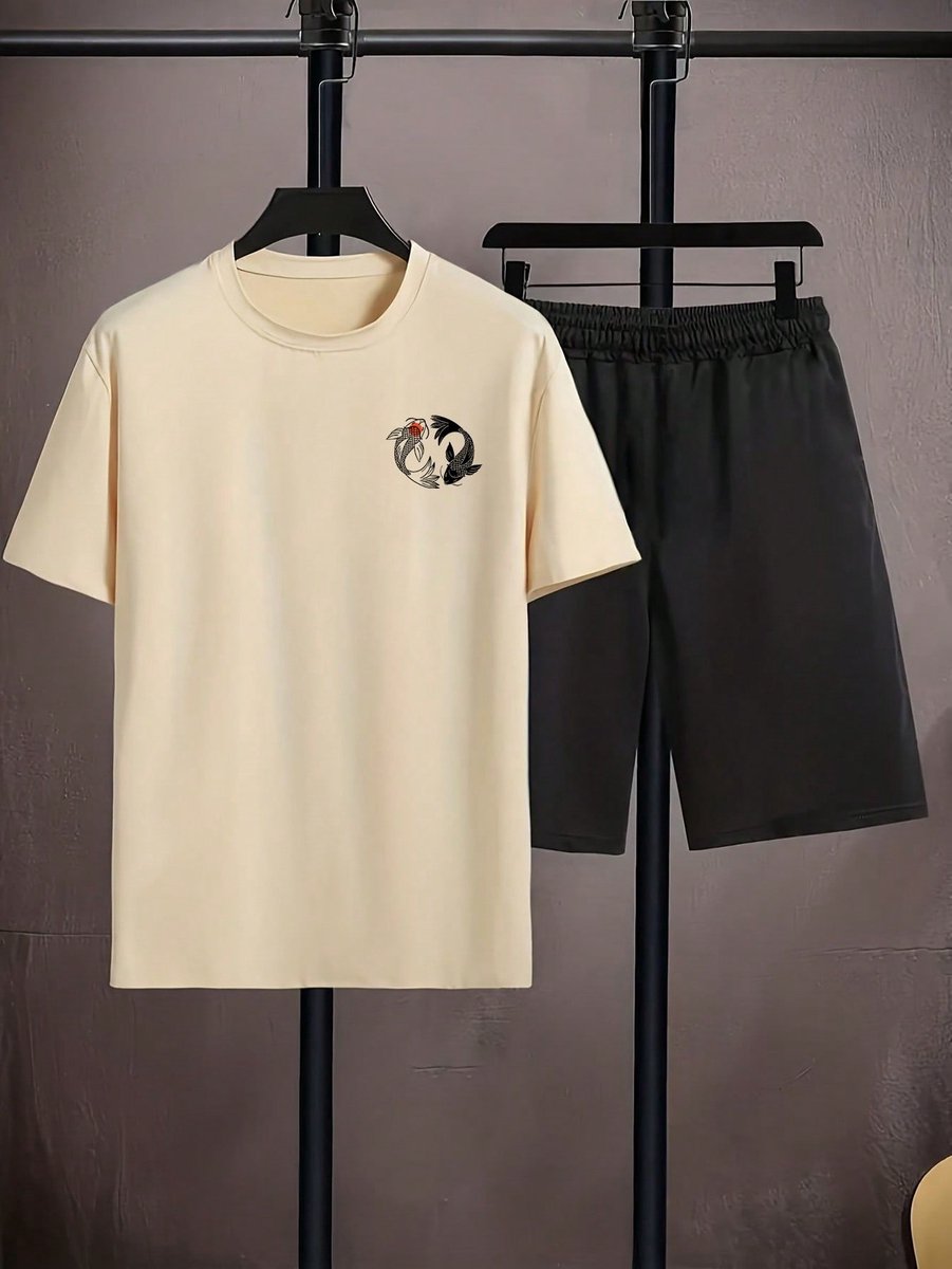 Stijlvol Koi Vis Print Heren Casual Korte Mouwen T-shirt en Shorts Set -M Beige